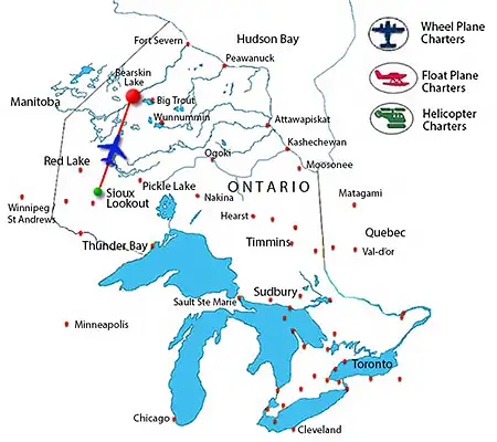 Map showing the charter flight route from Pickle Lake to Bearskin Lake